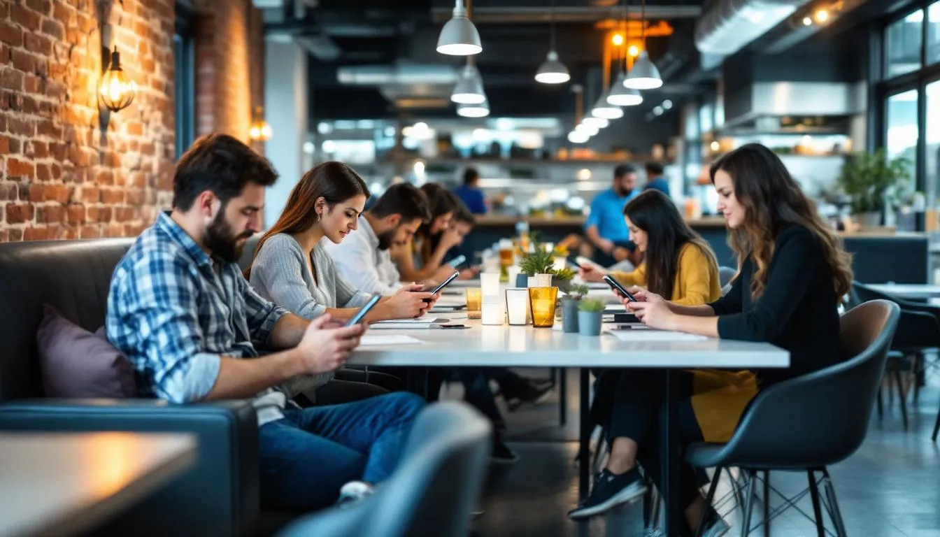 In a modern restaurant, customers are actively using mobile devices to place their orders, reflecting the growing trend of online ordering in the foodservice industry. This shift enhances customer convenience and aligns with evolving consumer preferences in the dining experience.