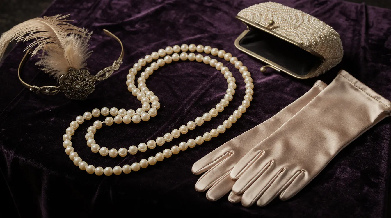 Das Bild zeigt ein stilvolles Arrangement von 1920er-Jahre-Accessoires auf einem eleganten Samttuch. Zu sehen sind eine schicke Perlenkette, ein Stirnband mit einer Feder, zarte Satinhandschuhe und eine kleine Abendtasche, die perfekt für das Thema Damenmode der 20er Jahre geeignet sind.