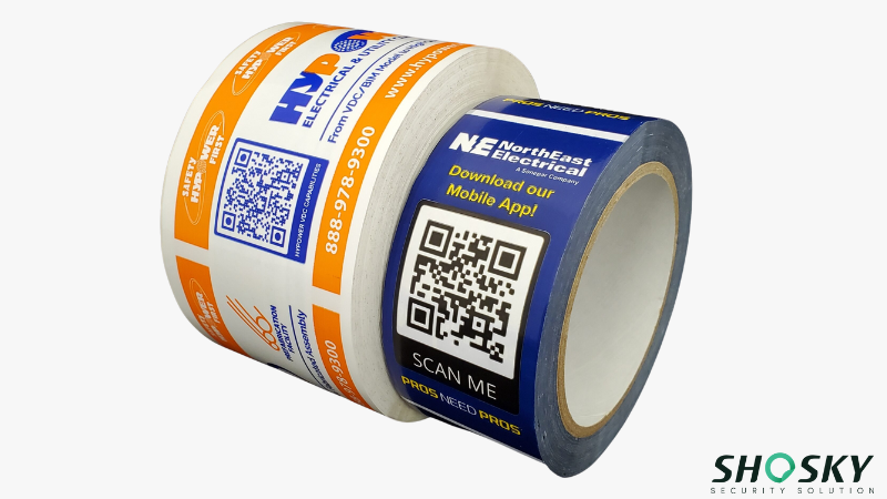 Branded tape rolls with QR codes linking to mobile apps and info