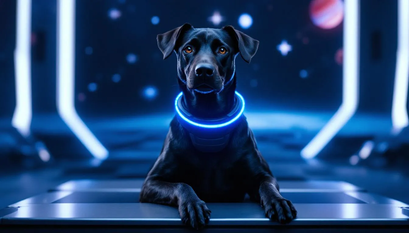 A sleek white dog, reminiscent of iconic characters from animated Disney movies, wears a futuristic collar adorned with LED lights while sitting against a vibrant space-themed background filled with stars and planets. This pet dog embodies a blend of modern technology and whimsical charm, making it a perfect companion for any family.