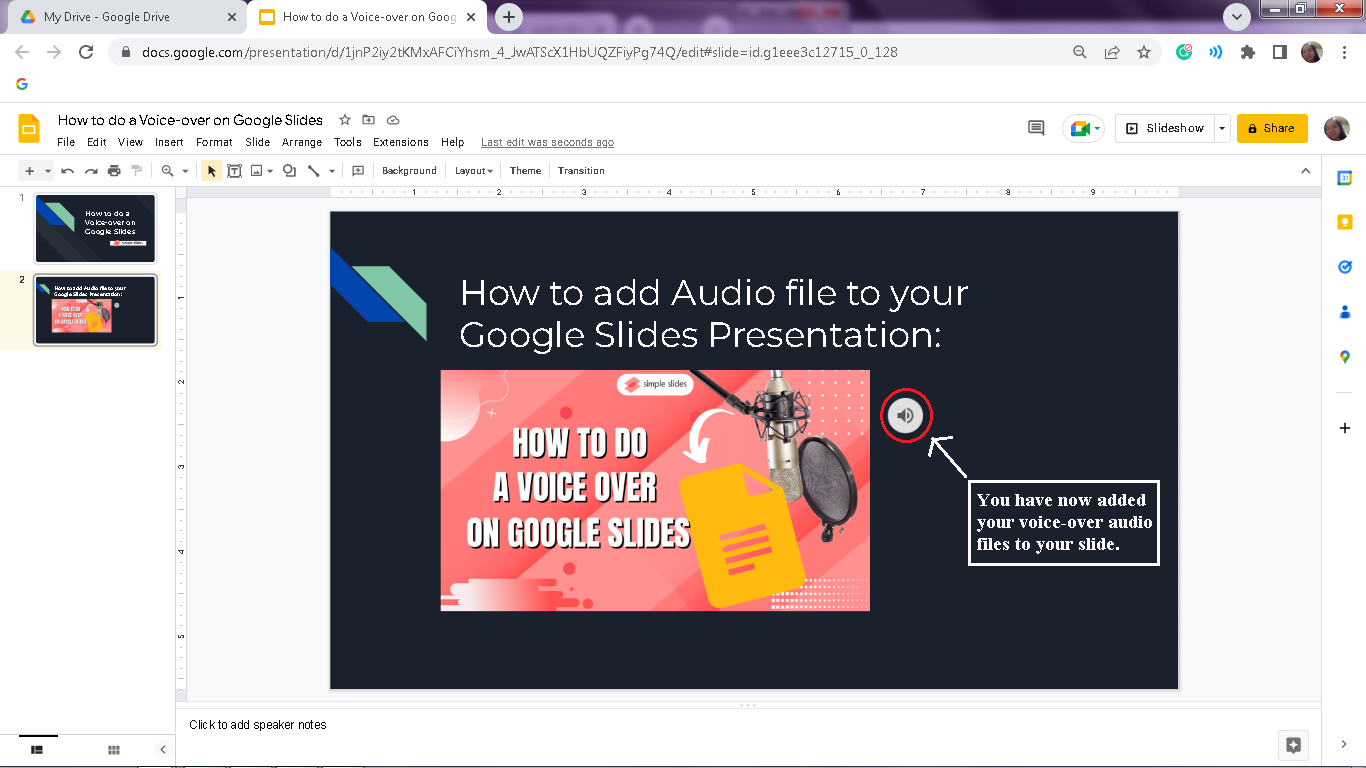 A speaker icon will appear, right after you insert your audio file to your Google Slides