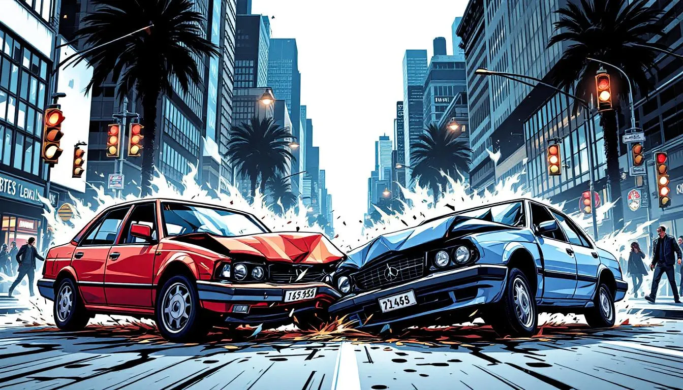 A car accident scene showing damaged vehicles.