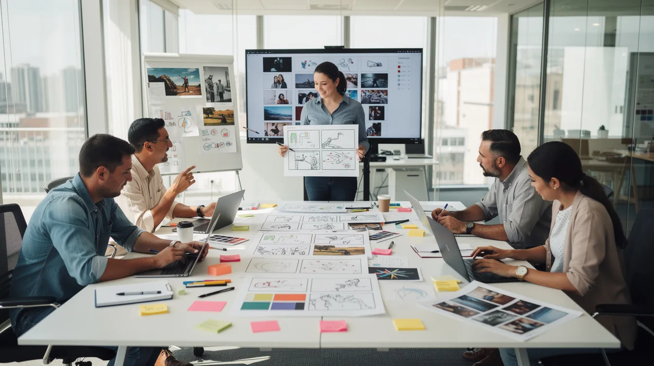 A team of professionals is gathered around a conference table, reviewing storyboards and creative materials for an upcoming video project. They are discussing the production process and ensuring their creative vision aligns to produce a polished final product that meets the needs of their target audience.