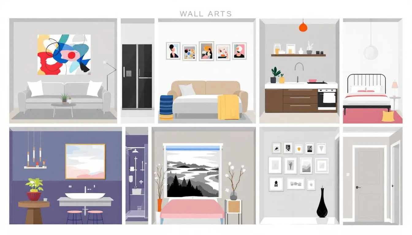 In this image, a beautifully arranged gallery wall featuring various framed prints and shadowbox art creates a captivating focal point in a living room. The combination of vibrant colors and clean lines adds visual interest while complementing the room's decor and overall aesthetic.