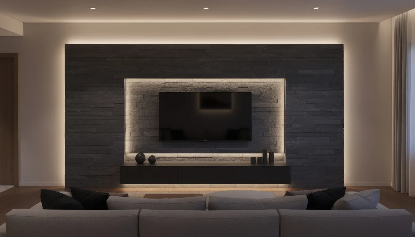 Een stijlvolle tv-wand is te zien, bekleed met donkergrijze baksteenlook EPS panelen die een unieke uitstraling geven. Indirecte ledverlichting accentueert de wanden, waardoor een visueel aantrekkelijke sfeer in de ruimte ontstaat.