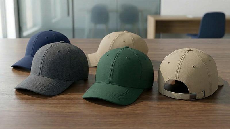 Assorted blank baseball caps in multiple colors displayed on a desk, ideal for custom branded corporate giveaways.