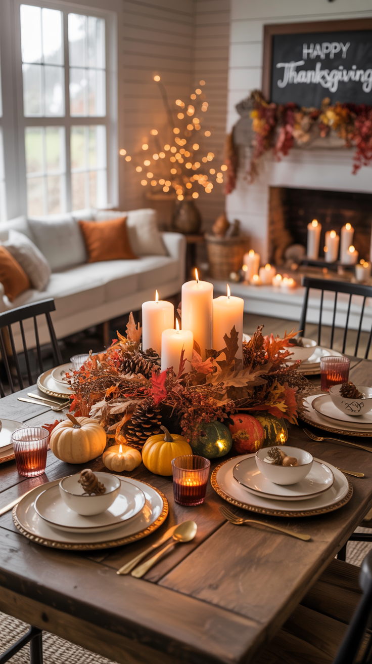 thanksgiving decor for every budget, read the room full of different types of gourds on the beautifully set table in the middle of the room