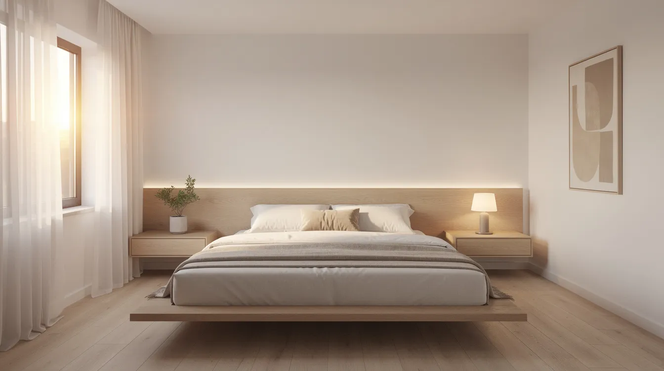 The image features a serene minimalist bedroom adorned with neutral tones, soft warm lighting, and cozy bedding, creating a peaceful sleep sanctuary that promotes relaxation and better sleep quality. The calming environment, enhanced by natural light filtering through curtains, encourages a consistent sleep schedule and supports overall well-being.