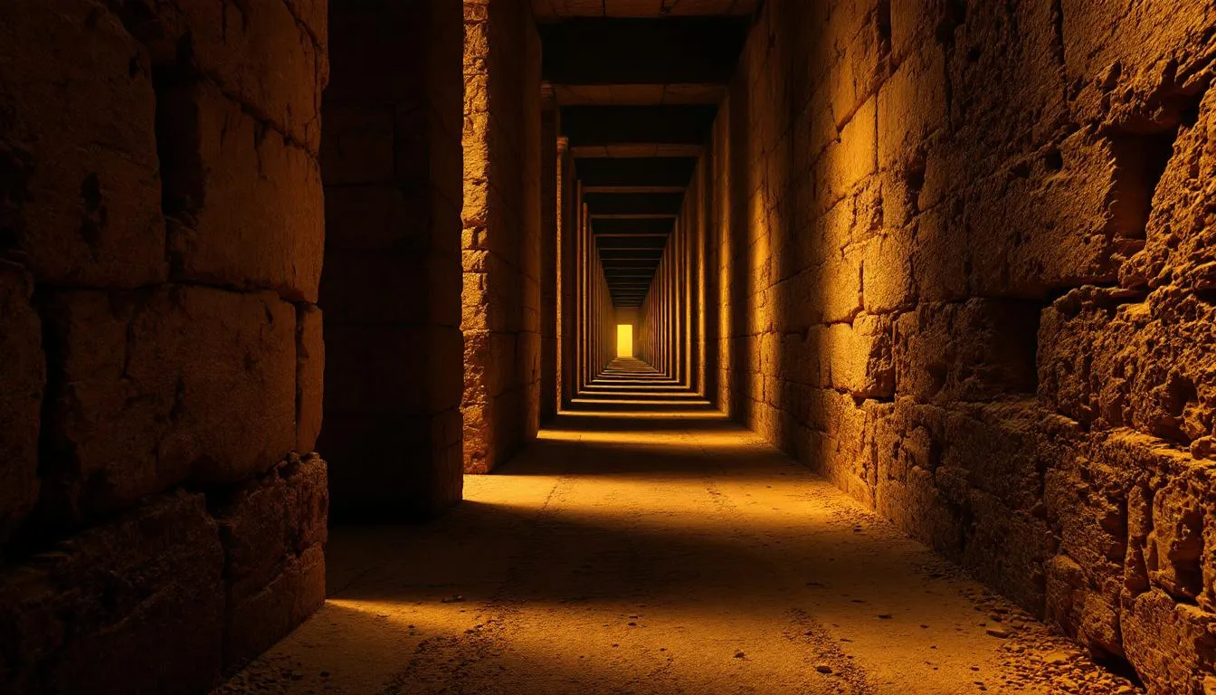 A imagem mostra o interior de uma pirâmide com corredores antigos iluminados, revelando paredes de pedra e hieróglifos que contam a história do Antigo Egito. Este cenário evoca a grandiosidade dos faraós e os mistérios das pirâmides de Gizé, um dos principais pontos turísticos do Egito.