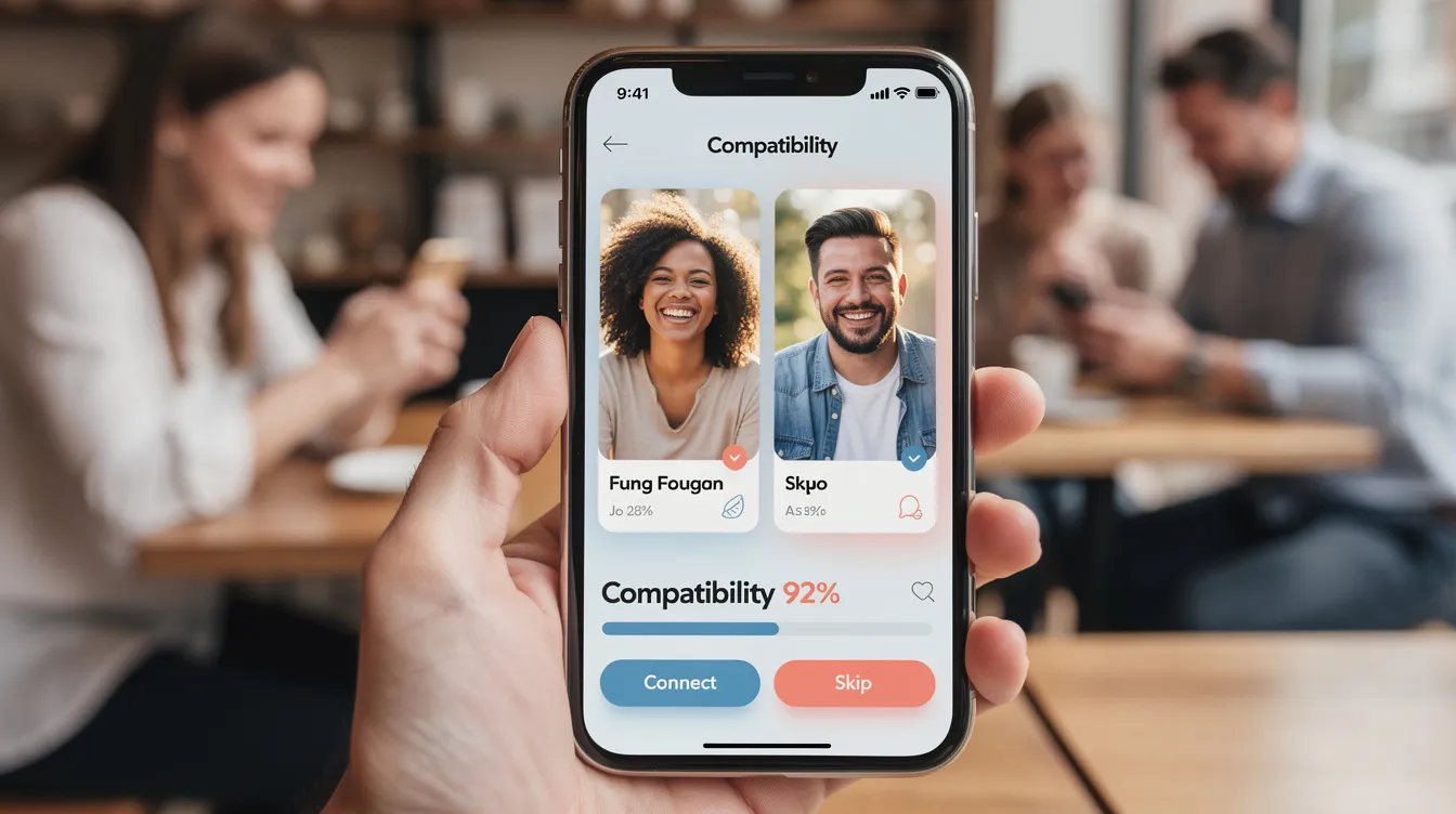 The image depicts a diverse group of real people using a popular dating app on their smartphones, highlighting the importance of genuine connections in online dating. They are engaged in conversations, suggesting that the app encourages users to find potential matches for serious relationships or casual dating based on their compatibility scores.