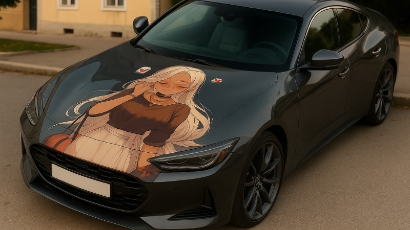 Car featuring partial anime vinyl wrap on hood