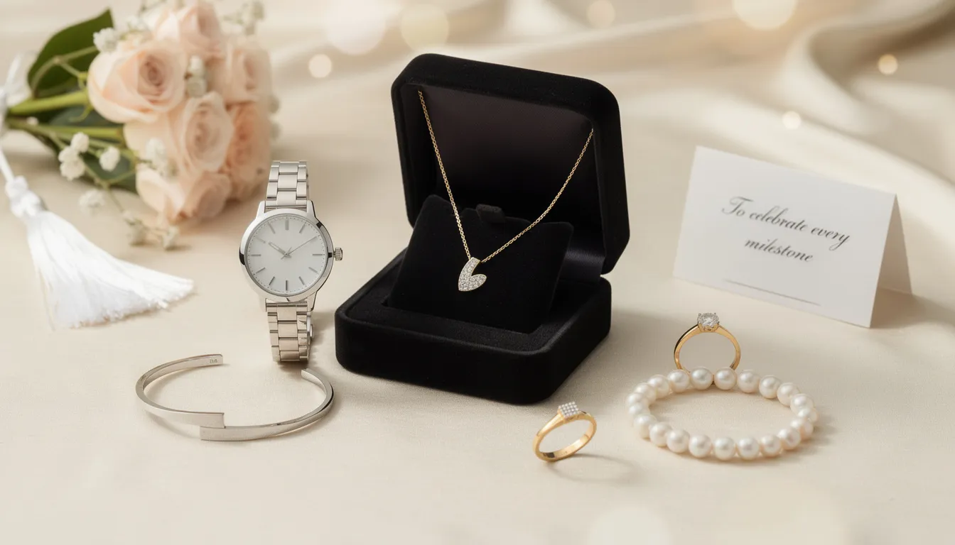 The image showcases an elegant collection of luxury jewellery gifts, including a stunning diamond pendant necklace, a sleek watch, and beautifully crafted stacking rings, all made from gold and sterling silver. These exquisite pieces are perfect for celebrating special occasions like weddings, graduations, and Mother's Day, embodying both style and heartfelt sentiment.