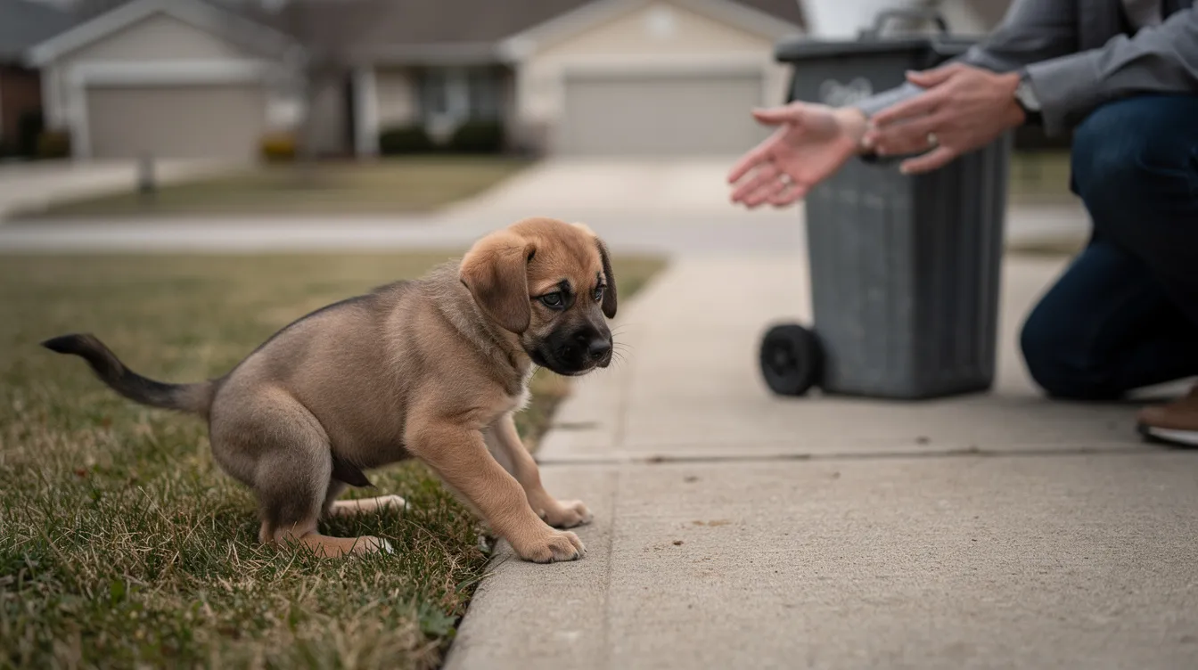 The image depicts a young puppy displaying fearful body language as it encounters a new and unfamiliar object in its environment. The scene captures the essence of a puppy's fear periods, highlighting the importance of positive reinforcement and calm support from dog owners during these normal stages of puppy development.