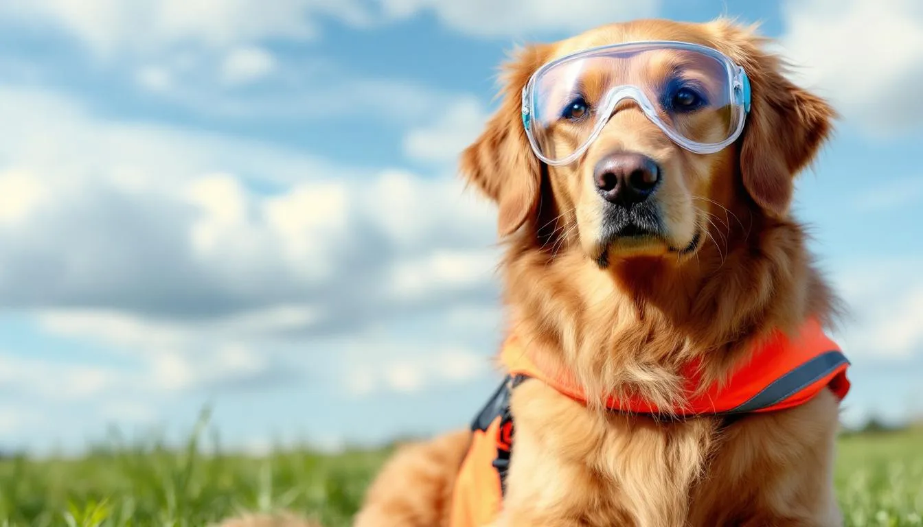 A golden retriever is wearing protective goggles while outdoors, showcasing the importance of eye protection for dogs at risk of corneal ulcers and other eye injuries. The goggles help prevent potential trauma and facilitate healing of the corneal surface, ensuring the dog