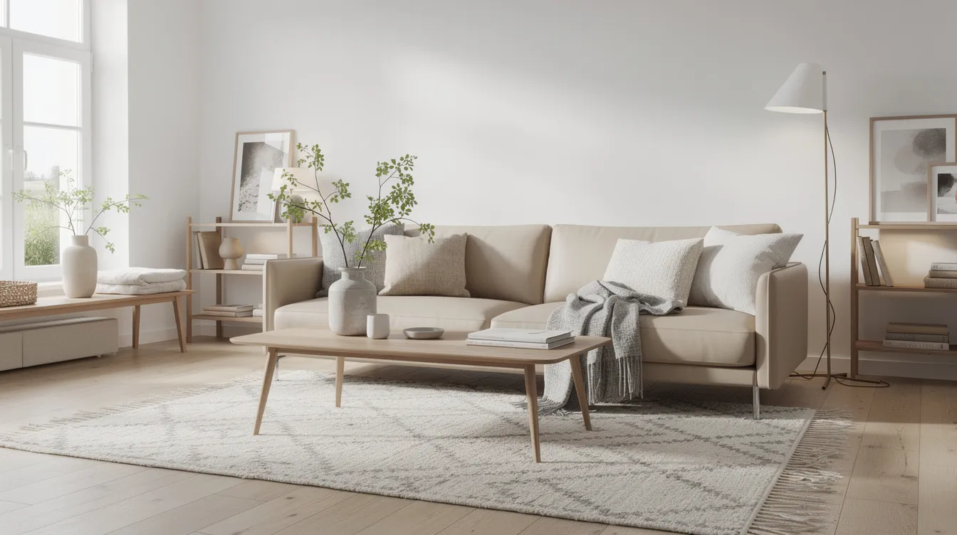 En elegant skinnsoffa i ljust skandinaviskt vardagsrum med trädetaljer och textilier, som utstrålar tidlös elegans och komfort. Soffan, tillverkad av äkta läder, passar perfekt in i hemmet med sina naturliga färger och stiliga design.