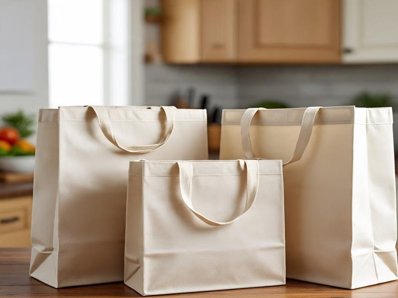 An image of three canvas bags of different sizes with handles, placed on a wooden table in a kitchen setting.