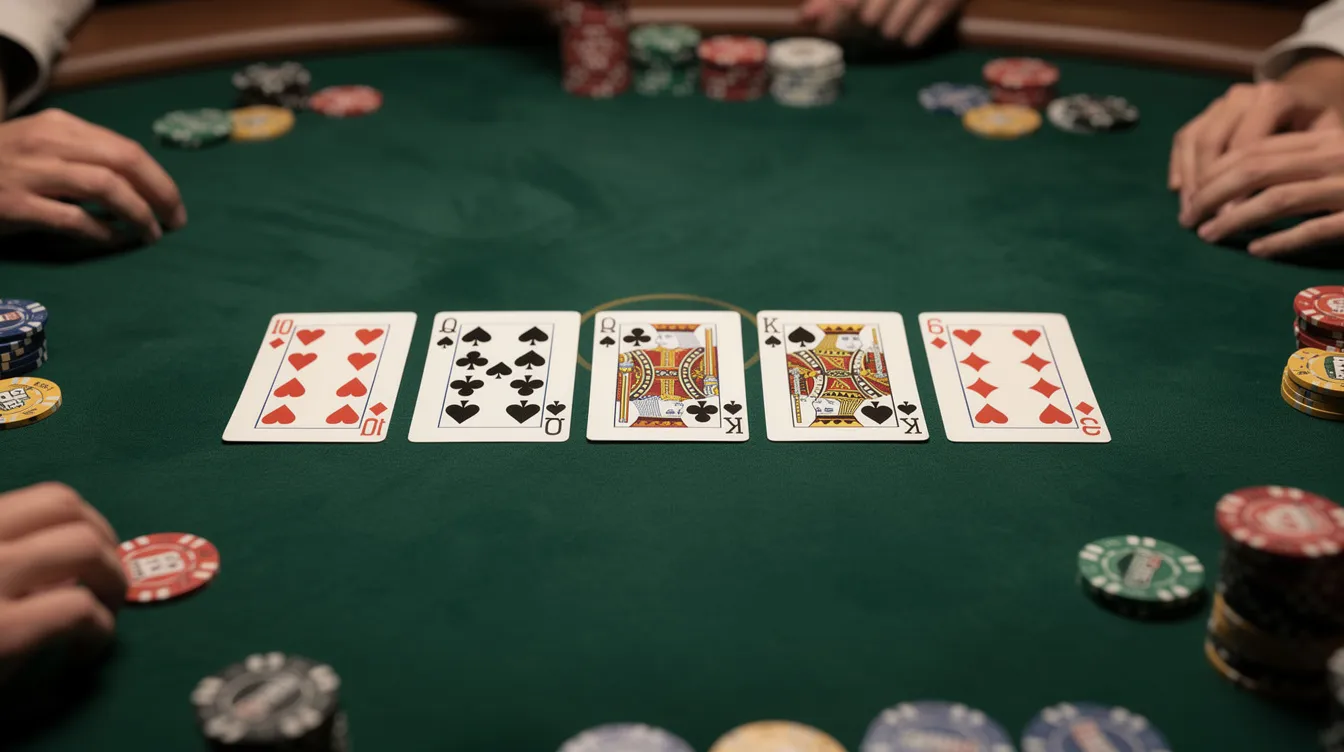 The image depicts a poker table featuring community cards spread across the green felt surface, typical of a cash game setting. Players can strategize their next moves based on the board cards, with possibilities for high or low hands in this exciting round of Omaha poker.