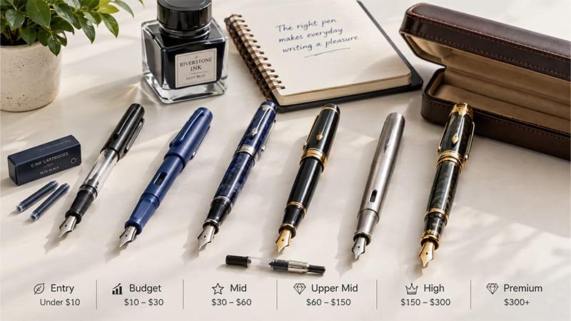 Fountain pen types categorized by budget and writing style from entry level to premium models with ink and notebook accessories