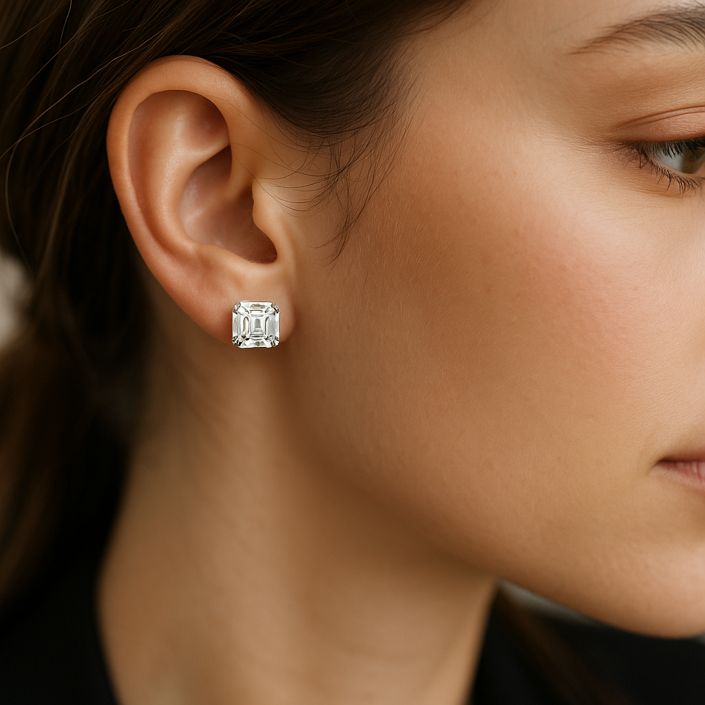 Stilingos moters ausis su baltame auksiniame įtvare įstatytais Asscher pjūvio deimantų auskarais, spindinčiais natūralioje šviesoje.