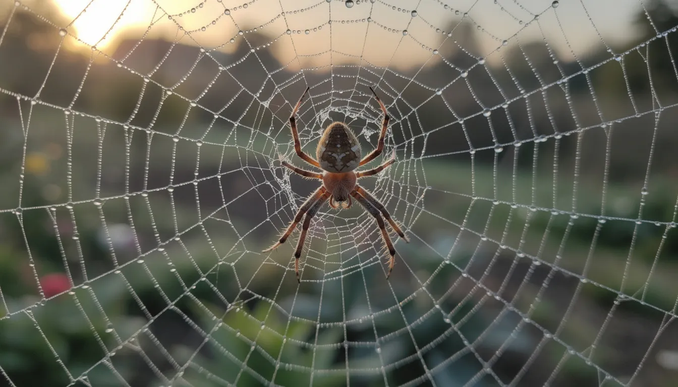 A close-up photograph captures a garden spider, an invertebrate species, delicately suspended in its web adorned with glistening morning dew drops. This image showcases the intricate structure of the spider's web, highlighting the beauty of the natural world and the fascinating characteristics of arthropods.