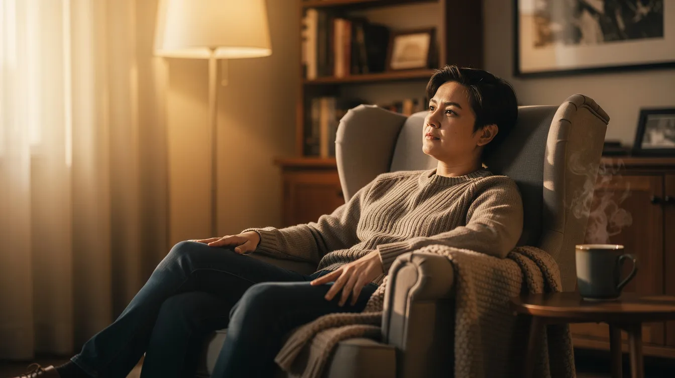 A person is sitting comfortably in a warm, well-lit room, appearing relaxed and reflective, which symbolizes the importance of mental health support and well-being. This setting evokes a sense of calm and invites thoughts on accessing counselling services for stress, anxiety, or relationship issues.