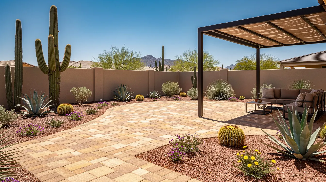 The image depicts a beautifully designed Arizona backyard featuring a spacious paver patio surrounded by native desert plants and a stylish shade structure, all set against a clear blue sky, showcasing smart landscape design ideas for an inviting outdoor space.