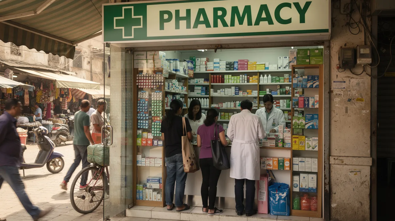 119bcc9e 3699 4ec3 bdde 51c87cb3cf83 The image depicts a small pharmacy shop bustling with customers in a busy market area, showcasing shelves stocked with various medical supplies. This vibrant scene highlights the pharmacy's role in the local community, offering essential products and services, which can be seen as a successful business idea in Nagaland.