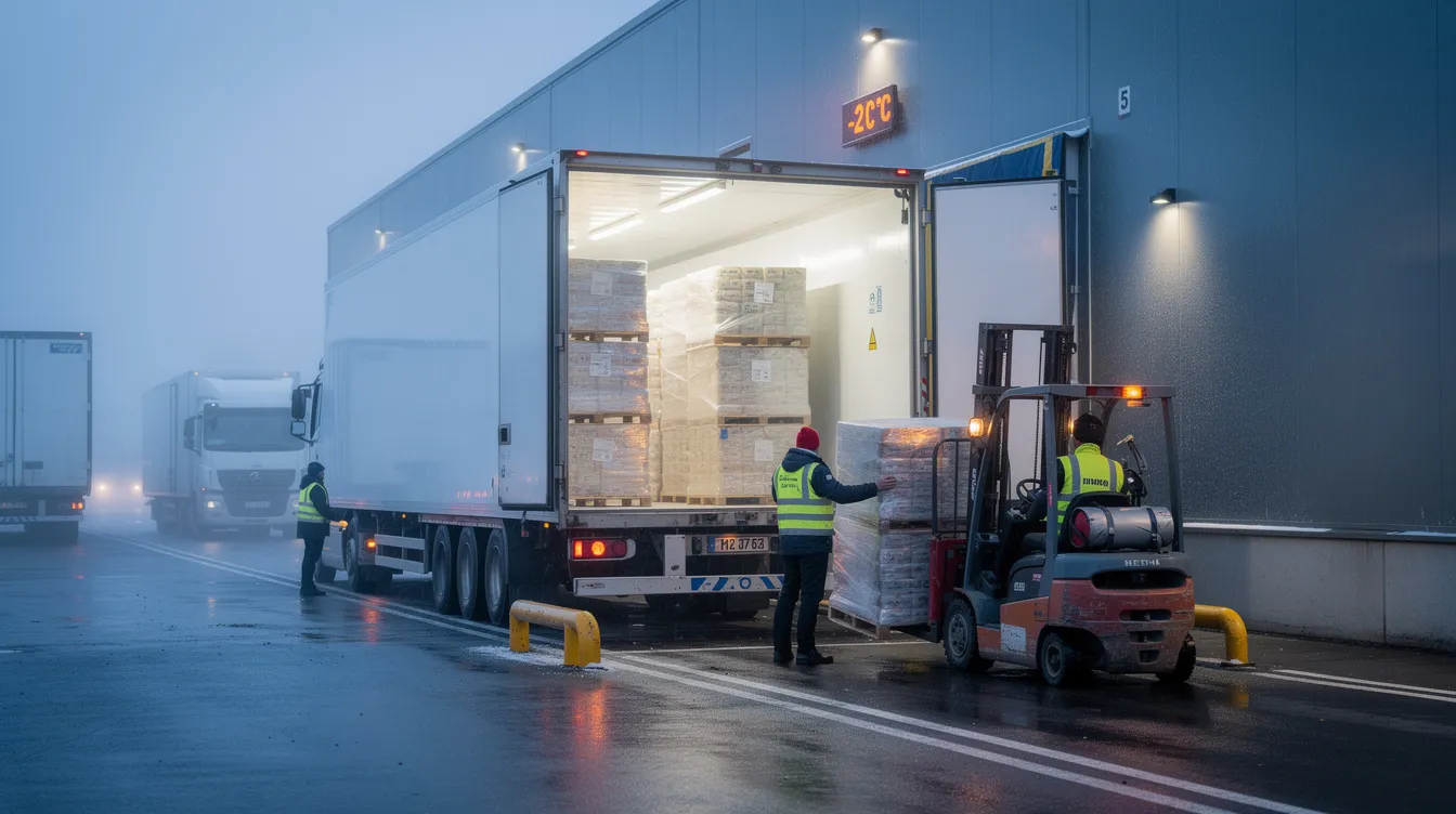 A refrigerated transport truck is being loaded with packaged goods at a cold storage facility, showcasing the essential role of cold chain logistics in the transportation industry. This scene highlights the importance of maintaining product integrity while ensuring exceptional customer service in the transport business.