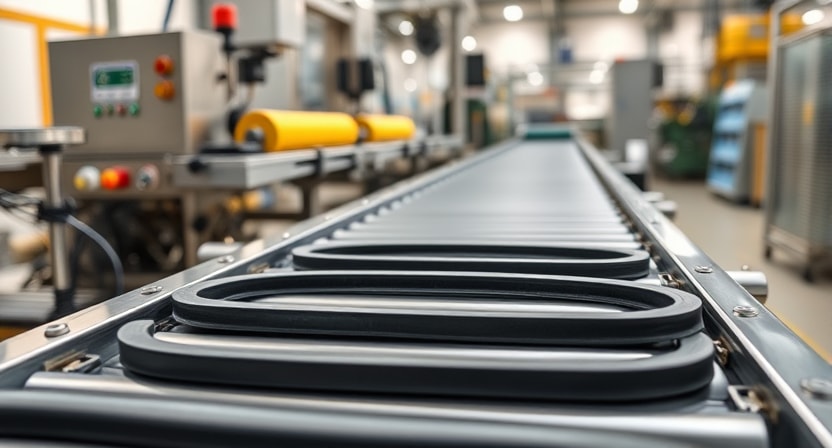 A factory conveyor belt with rubber gaskets installed on processing machines