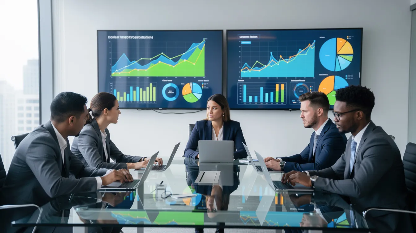 A diverse team of professionals collaborates around a conference table, equipped with laptops and large display screens that showcase colorful data visualizations. This dynamic cyber environment emphasizes the importance of a skilled cybersecurity workforce in addressing mission requirements and defending against highly sophisticated cyberspace adversaries.