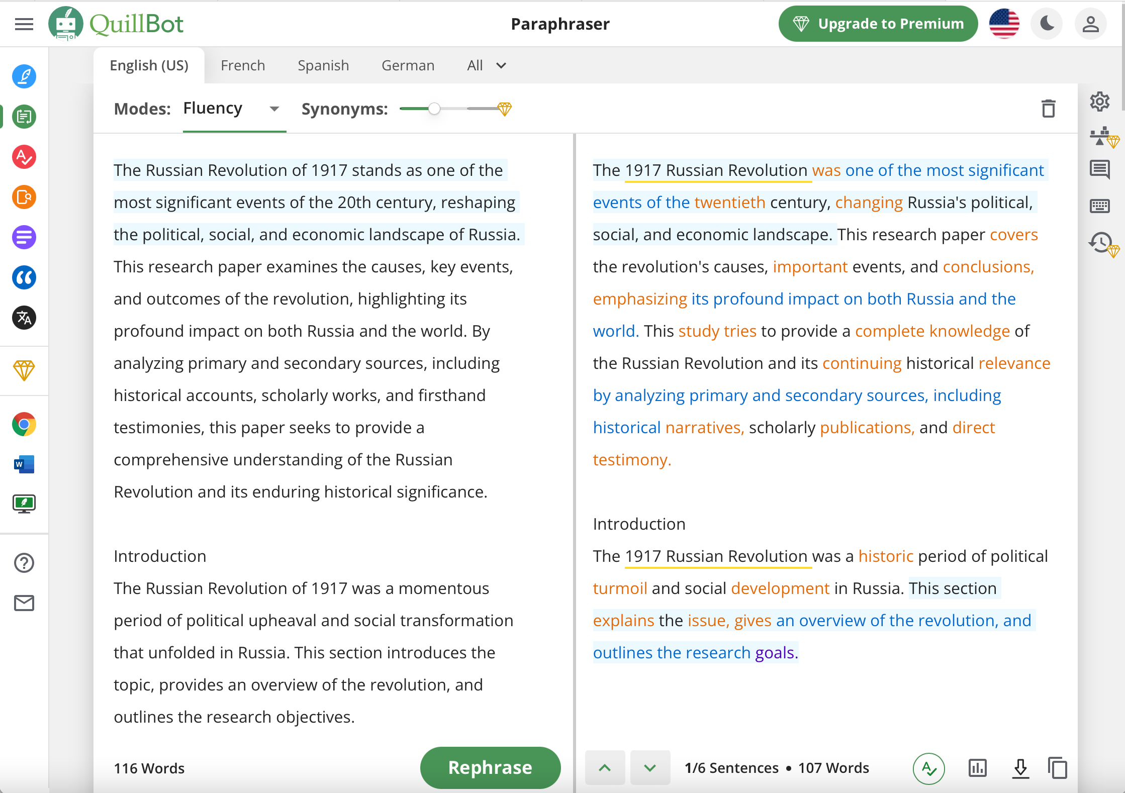 Quillbot paraphrasing - Fluency mode