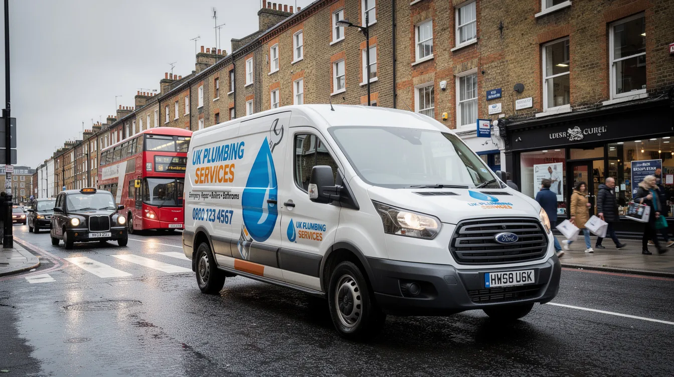 A branded plumber's van is driving through a busy city street in the UK, showcasing the plumbing business's commitment to local service. This image highlights the importance of digital marketing strategies for plumbing companies to attract potential customers and enhance their online visibility.