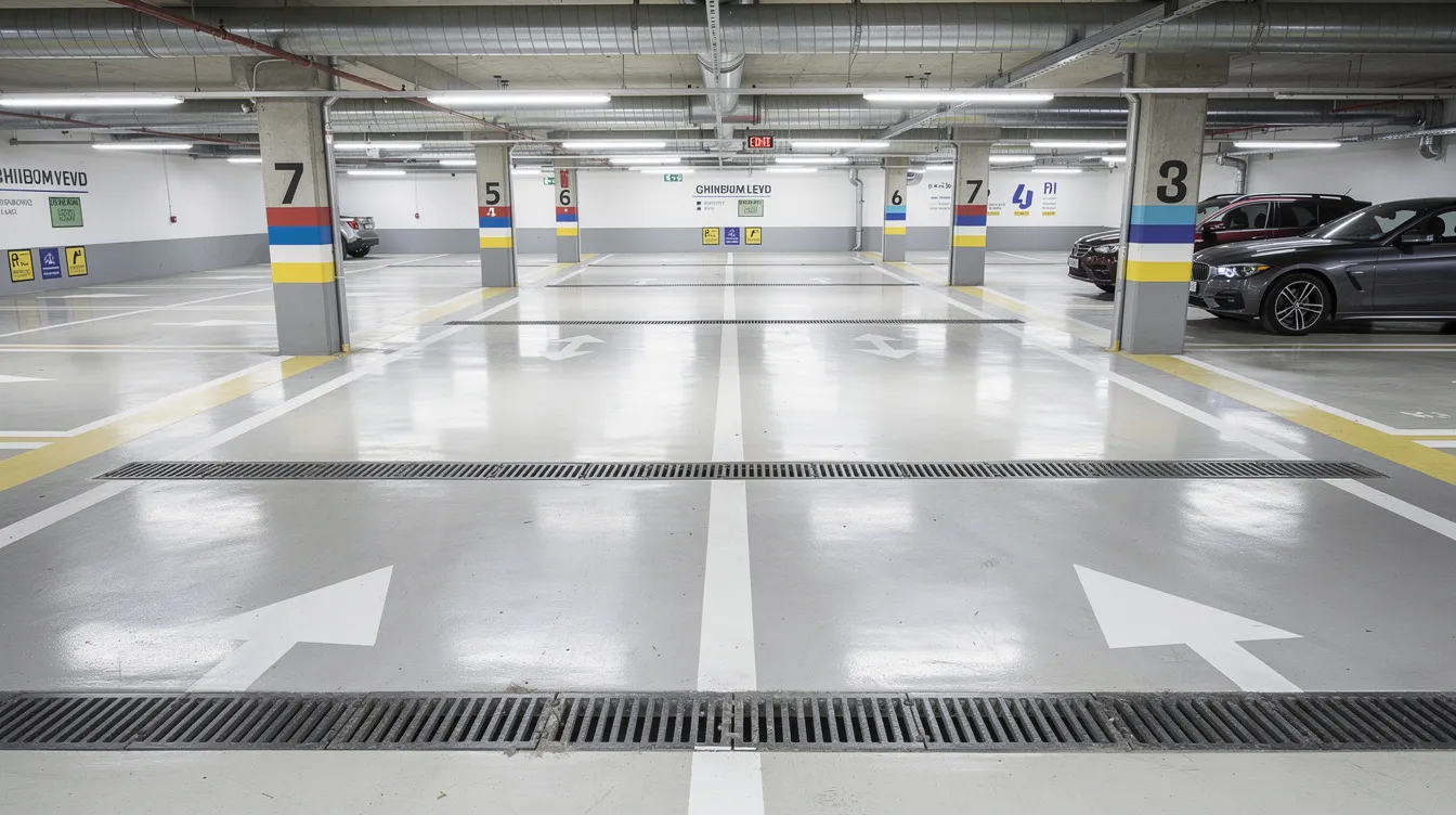 The image depicts an underground parking area featuring visible floor drains and clear markings on the surface, emphasizing the importance of keeping common areas clean and safe for residents. This well-maintained space reflects a property manager's commitment to routine maintenance and safety standards, which can enhance tenant satisfaction and property value.