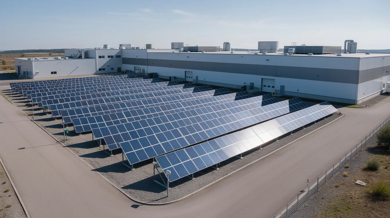A large solar panel array is positioned next to an industrial building complex, soaking up bright sunlight. This renewable energy installation highlights the growing intersection of data center development and sustainable energy sourcing within the digital infrastructure ecosystem.