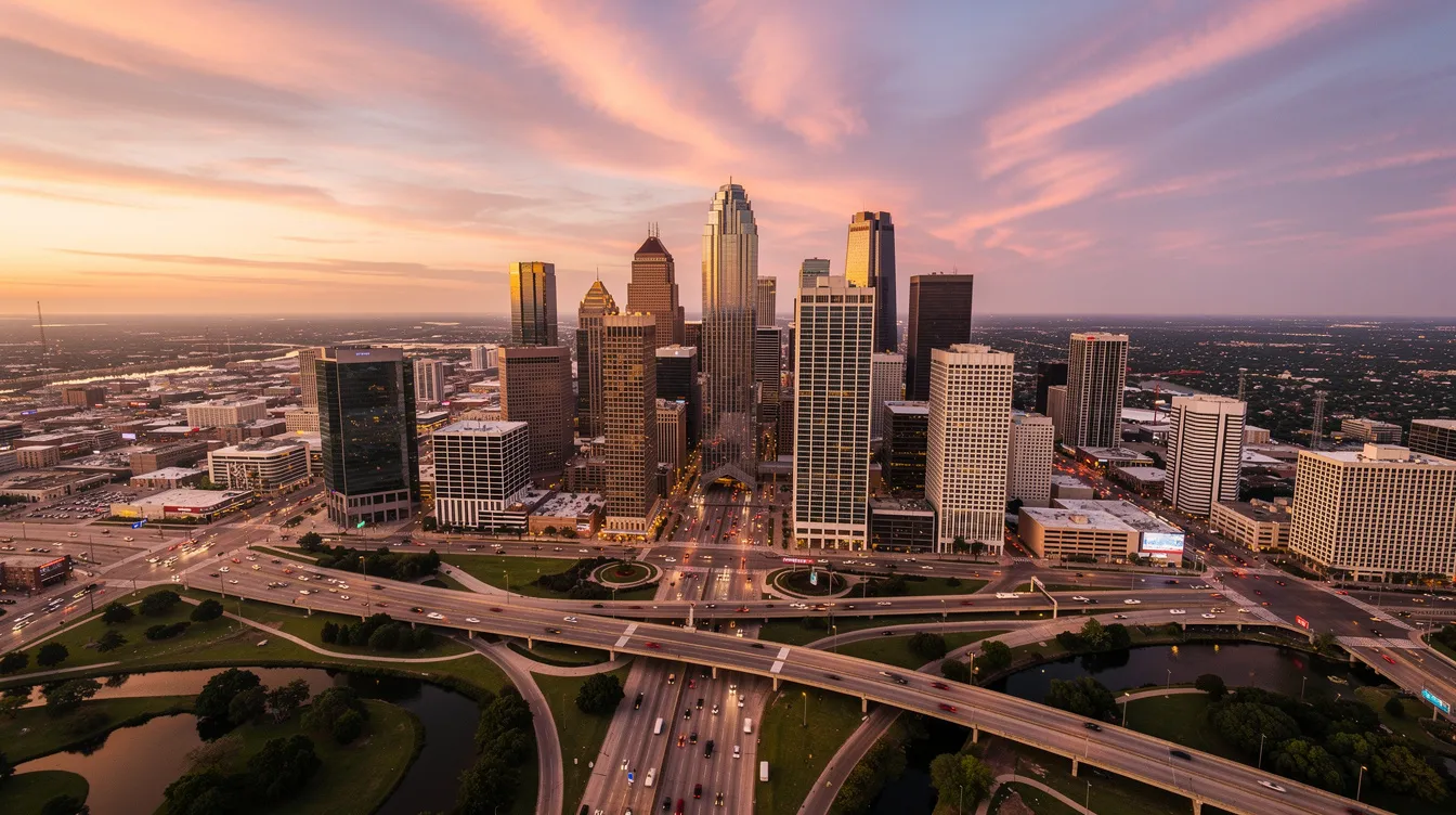 The image shows an aerial view of the downtown Houston skyline bathed in the warm hues of sunset, with tall skyscrapers silhouetted against a colorful sky. This vibrant scene reflects the bustling city life where personal injury lawyers and attorneys work diligently to provide legal representation and support for clients navigating personal injury cases.