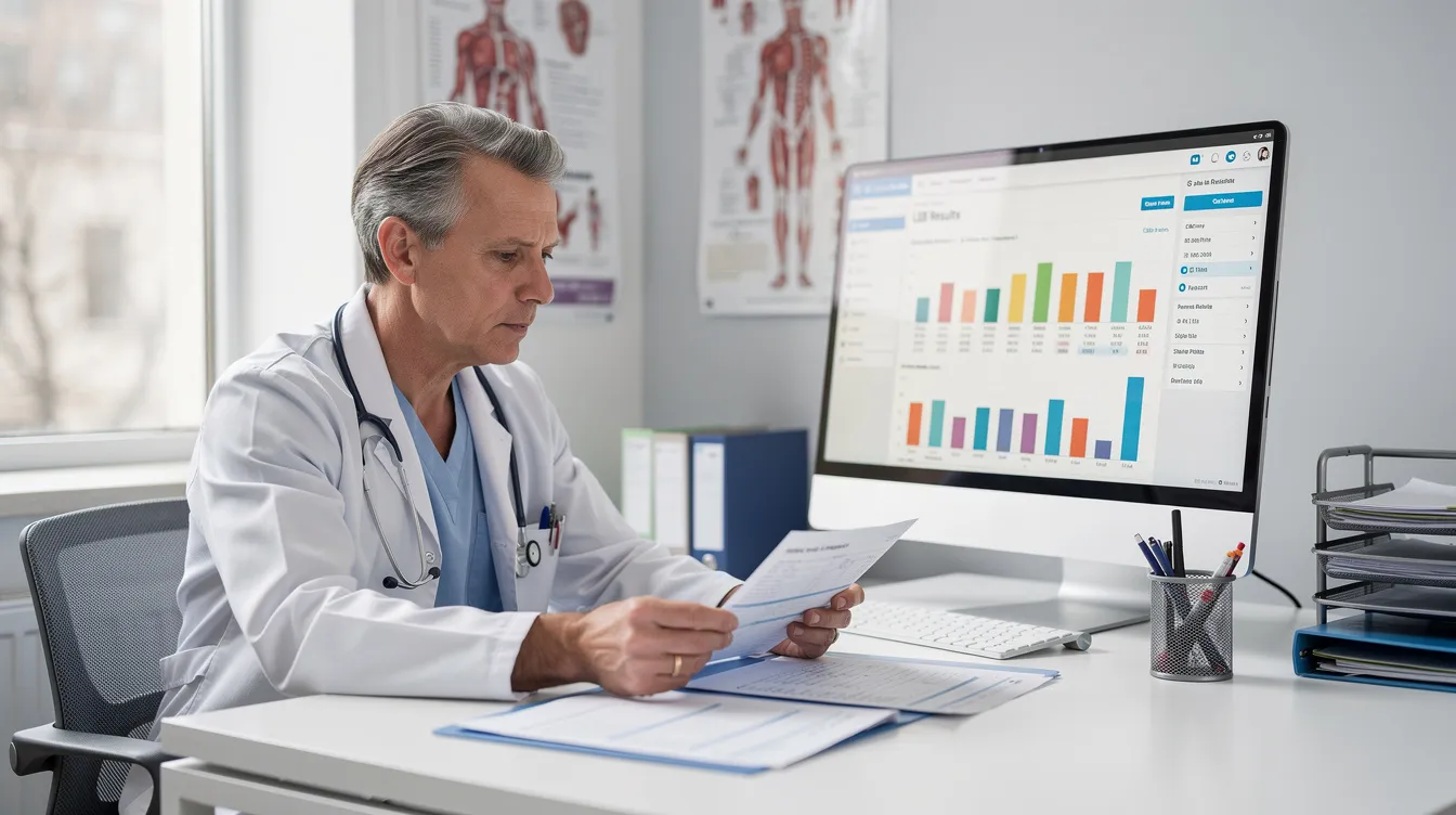 A medical professional is intently reviewing laboratory results, likely analyzing data related to cellular health and aging, such as telomere length and the effects of peptide therapy on the pineal gland function. The focus on these results may highlight the potential benefits of epitalon peptide in promoting longevity and improving sleep quality.
