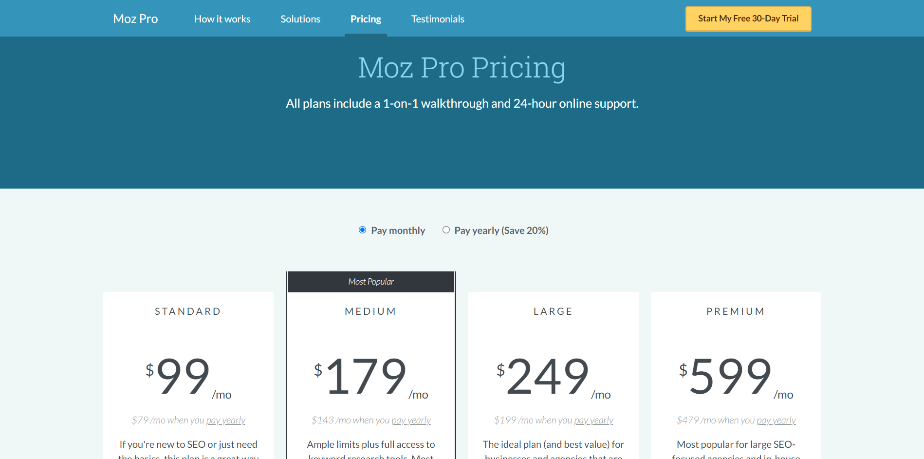 Moz pricing page