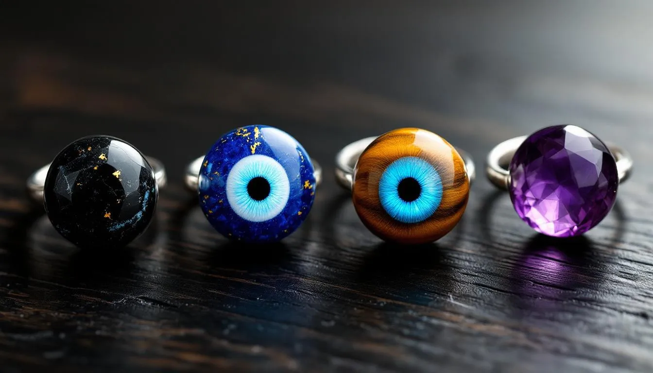 The image showcases four powerful protective stones: Black Tourmaline, Lapis Lazuli, Tiger's Eye, and Amethyst, each known for their ability to absorb negative energy and provide a protective shield against harmful influences. These healing crystals are often used as protective amulets, promoting spiritual growth and enhancing the wearer's energetic protection.