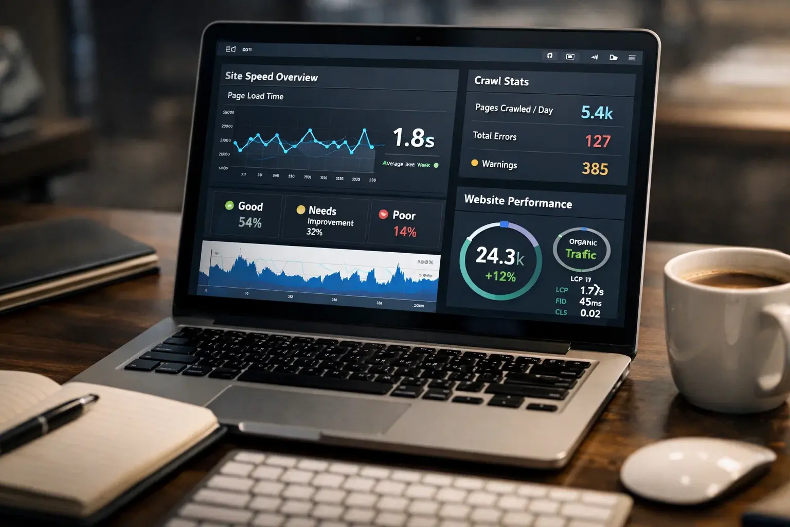 Laptop displaying technical SEO data for a financial services website