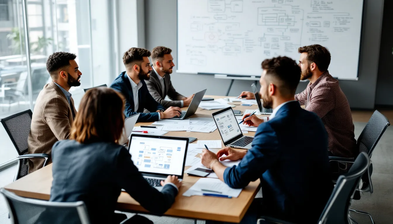 A diverse enterprise IT team is collaborating around a conference table, equipped with laptops and discussing data architecture diagrams. They are focused on data virtualization solutions and strategies for integrating multiple data sources, emphasizing the importance of data governance and real-time access to business data.