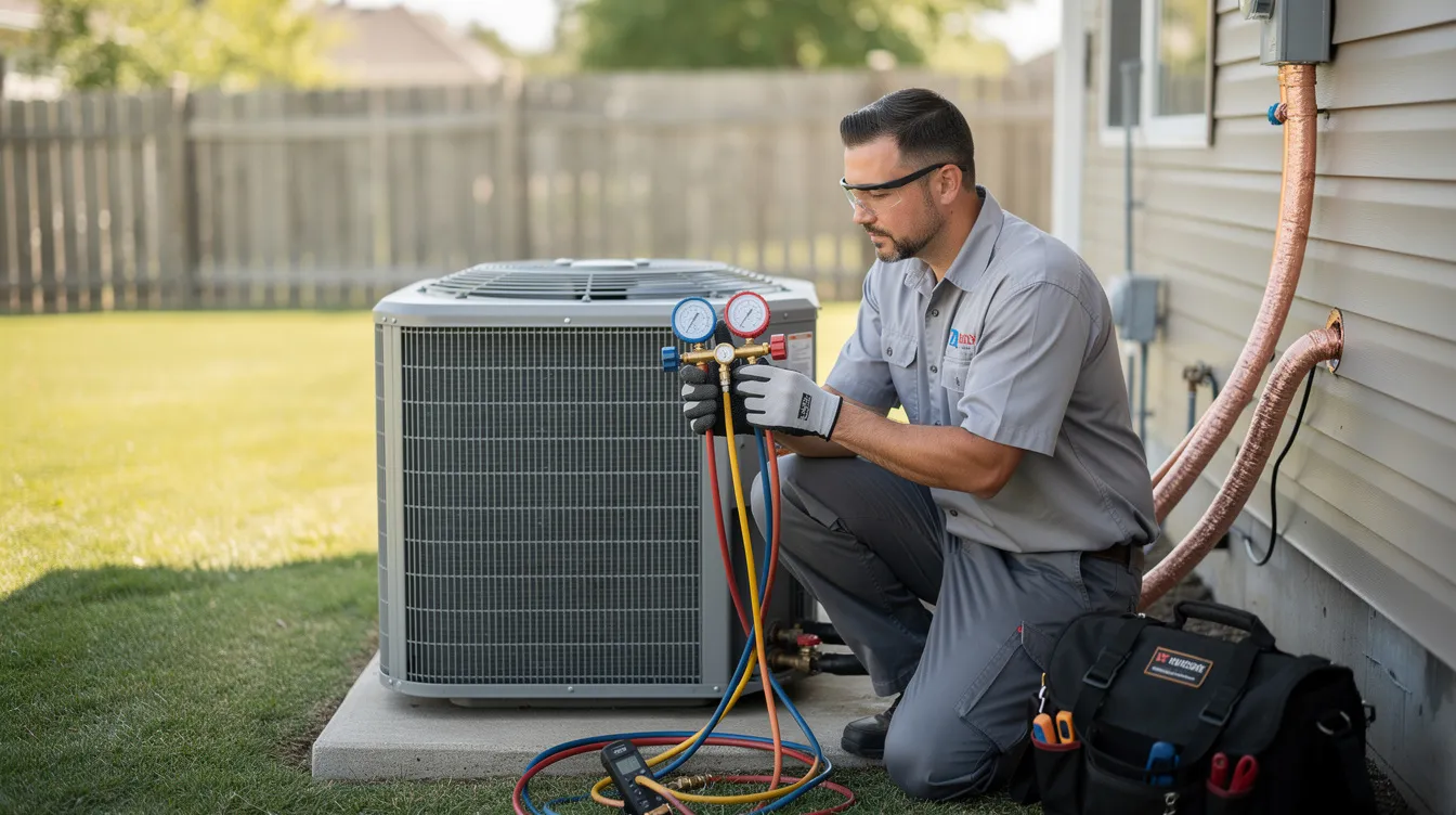 An HVAC technician is inspecting an air conditioning system, focusing on checking the refrigerant levels of the outdoor unit to ensure optimal performance and energy efficiency. The technician's work is crucial for maintaining the cool air flow and overall indoor air quality of the central air conditioning system.