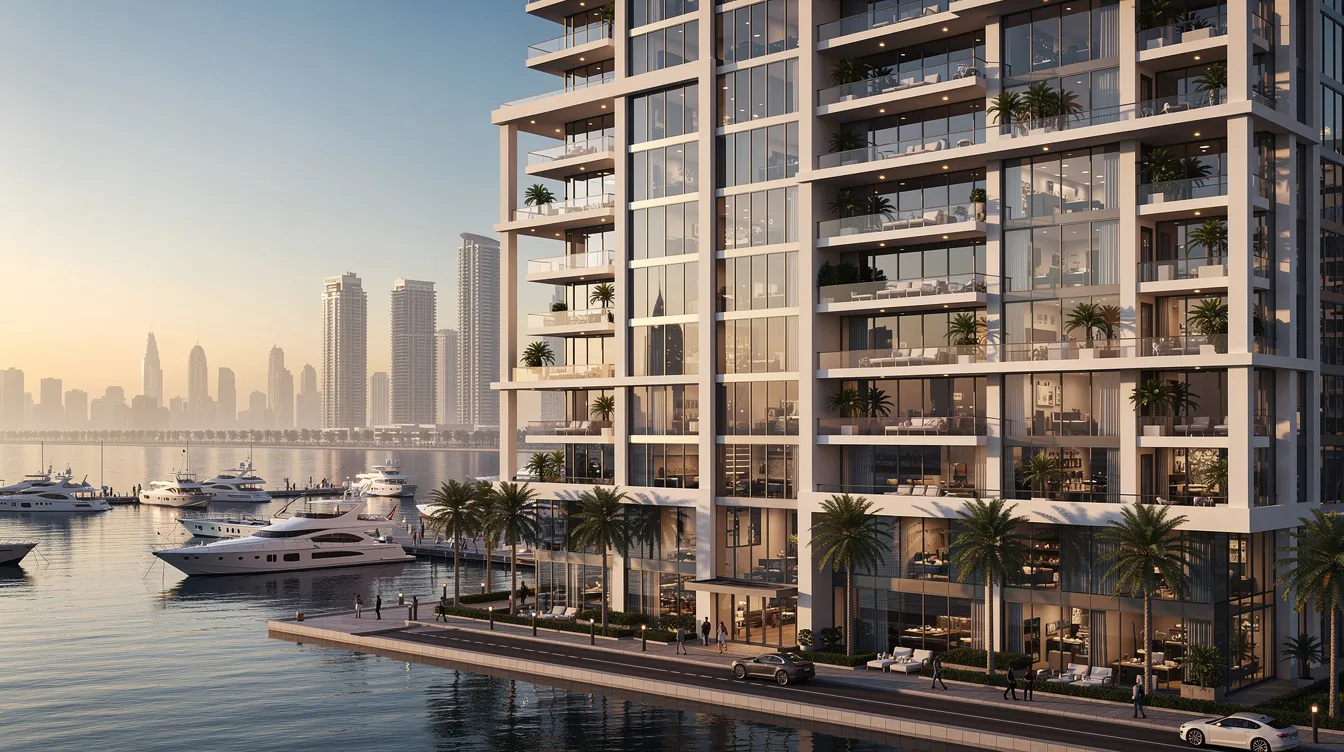 A modern residential tower in Dubai features multiple balconies that overlook a picturesque marina, showcasing the city's contemporary architecture and vibrant lifestyle. This image reflects the luxury living options available in Dubai, where residents can enjoy stunning views and the benefits of UAE property inheritance laws.