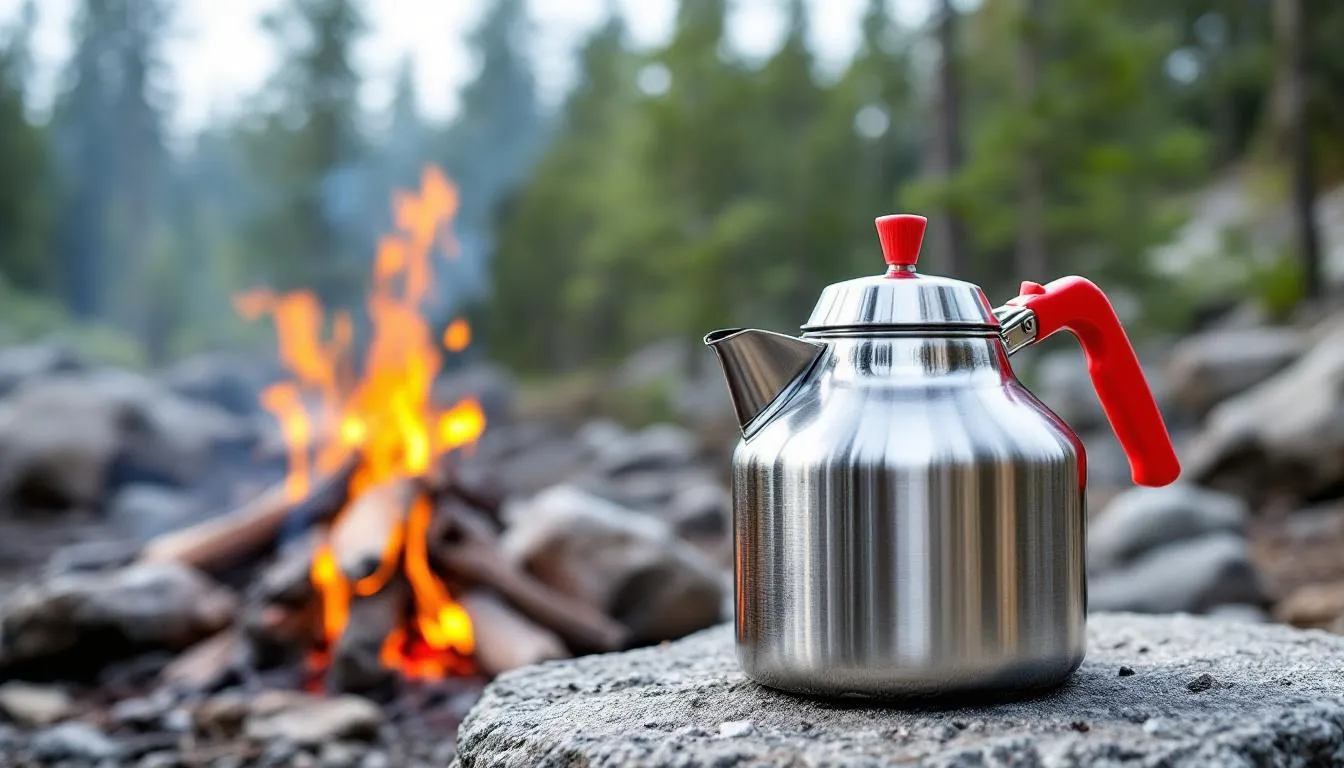 A durable stainless steel camping kettle sits on a camp stove over an open flame, ready to boil water for coffee or tea during an outdoor adventure. Its sturdy construction and whistle feature make it a must-have for any camping trip, ensuring you have hot water for your favorite beverages in the great outdoors.