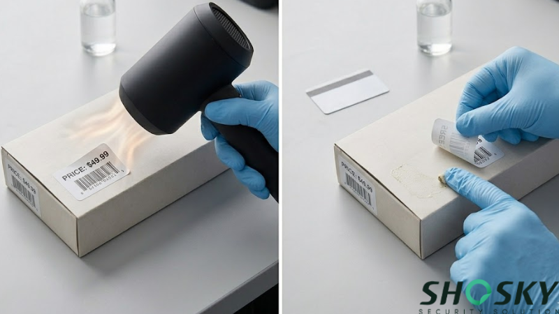 Using a hair dryer to heat and peel a price label