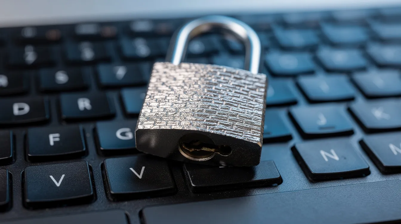 Die Nahaufnahme zeigt ein Vorhängeschloss auf einer Computertastatur, was auf die Bedeutung von Sicherheit beim Login in ein Online-Kundenportal hinweist. Im Hintergrund sind Tasten zu sehen, die typischerweise für die Eingabe von Zugangsdaten wie E-Mail-Adresse und Passwort verwendet werden.