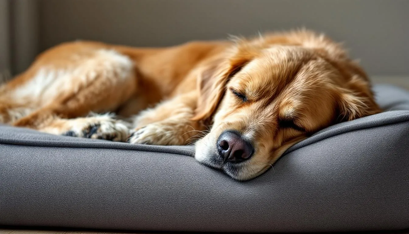 An elderly golden retriever is peacefully sleeping on an orthopedic dog bed, with its gray muzzle visible and legs stretched forward. This comfortable sleeping position reflects the dog