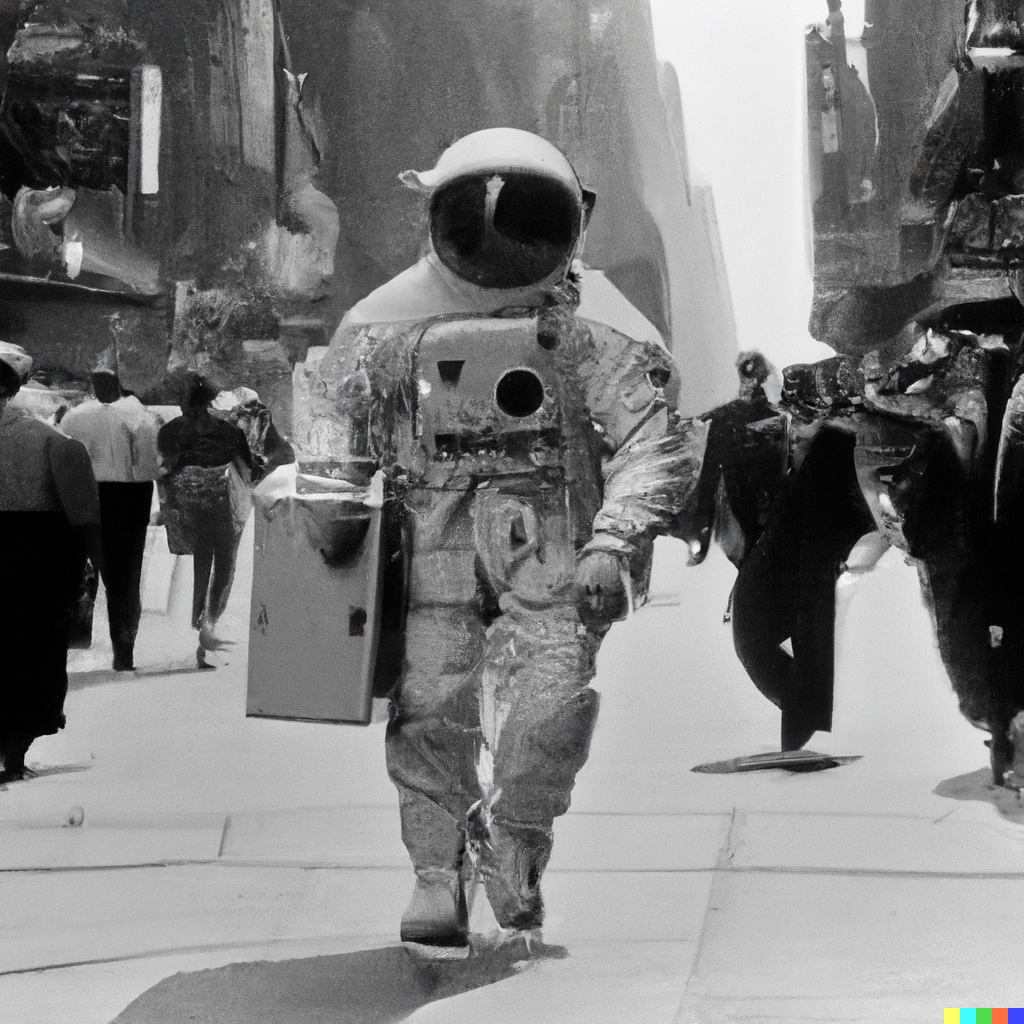 astronaut in spacesuit carrying briefcase walking on busy New York street in 1950's. retro, photorealistic, Robert Doisneau