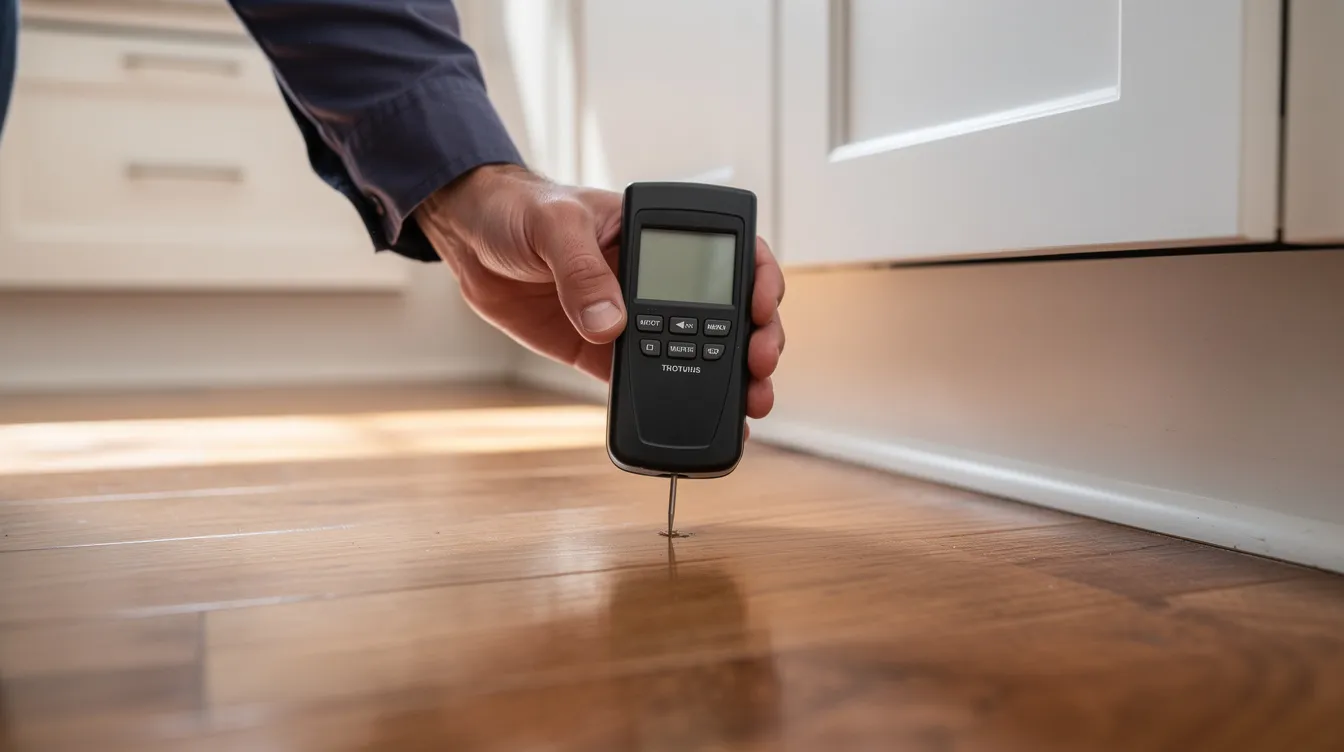 A professional is using a pin-type moisture meter to assess moisture levels in a hardwood floor near a kitchen cabinet base, indicating a thorough inspection for potential water damage. The close-up highlights the inspector's specialized knowledge in identifying hidden issues and ensuring the flooring's condition meets industry standards.