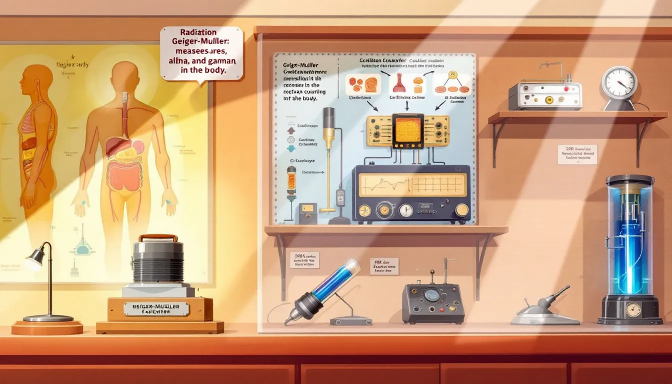 Various types of Geiger counters displayed together.