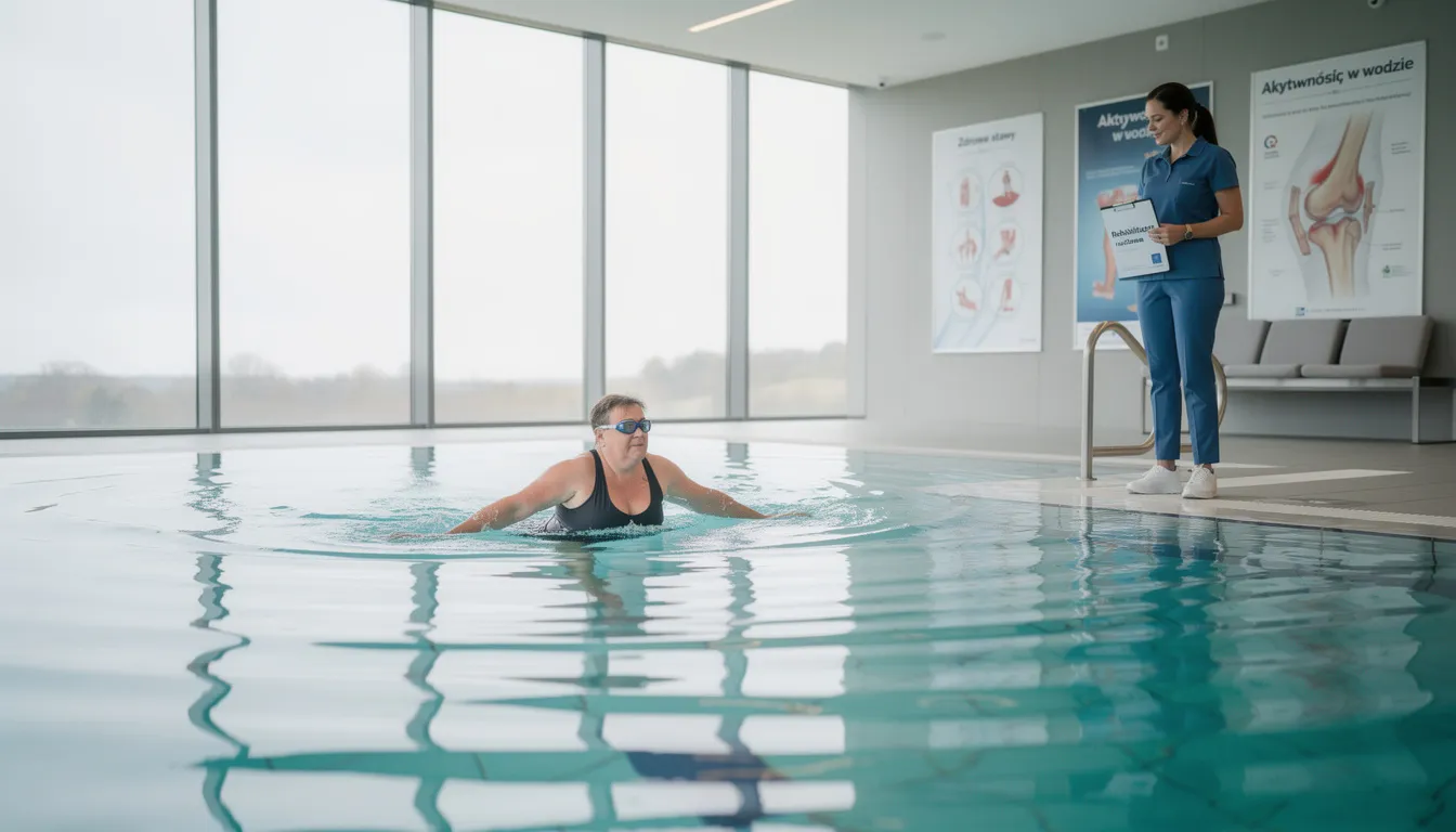 Na zdjęciu widać osobę pływającą w basenie, co stanowi formę aktywności odciążającej stawy, szczególnie staw biodrowy. Pływanie jest zalecane dla osób z chorobą zwyrodnieniową stawu biodrowego, ponieważ minimalizuje ból i sztywność, wspierając jednocześnie zdrowie układu kostno-mięśniowego.